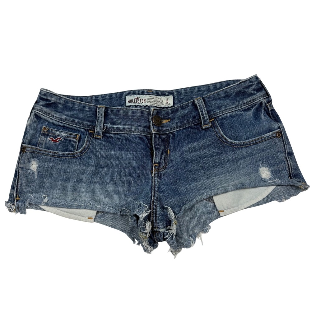 VTG Y2K Hollister Ultra Low Rise Distressed Denim Mini Micro Shorts Size 5 Logo